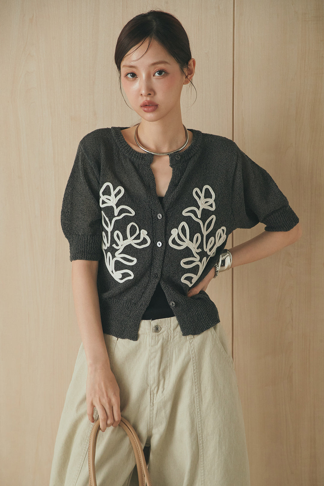 [SET]フロントテープデザイン半袖カーディガン+サイドベルトカーブワイドパンツ(2set)