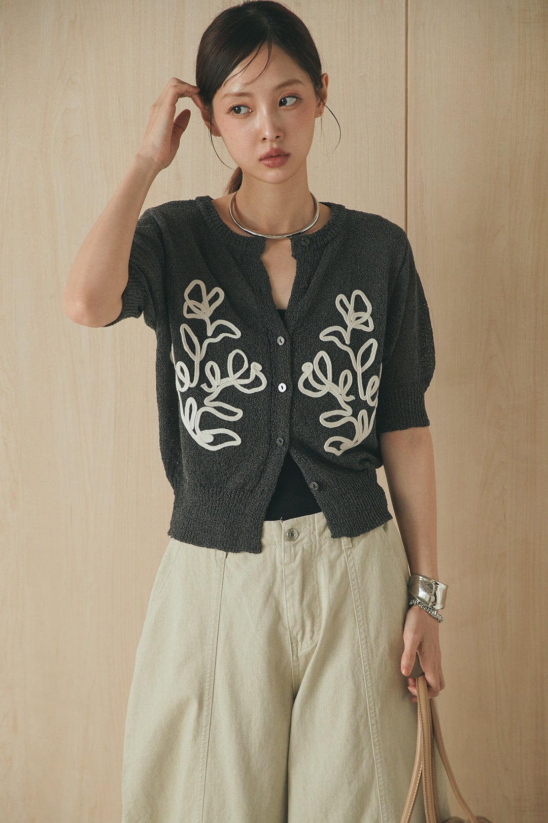 [SET]フロントテープデザイン半袖カーディガン+サイドベルトカーブワイドパンツ(2set)