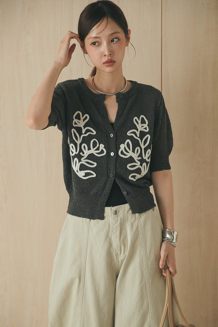 [SET]フロントテープデザイン半袖カーディガン+サイドベルトカーブワイドパンツ(2set)