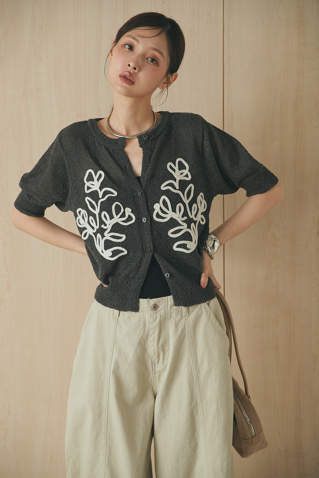 [SET]フロントテープデザイン半袖カーディガン+サイドベルトカーブワイドパンツ(2set)