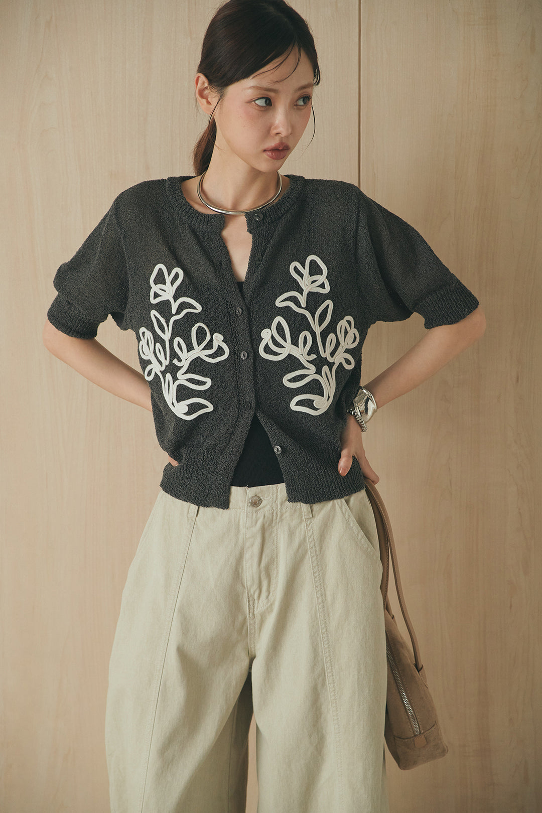 [SET]フロントテープデザイン半袖カーディガン+サイドベルトカーブワイドパンツ(2set)