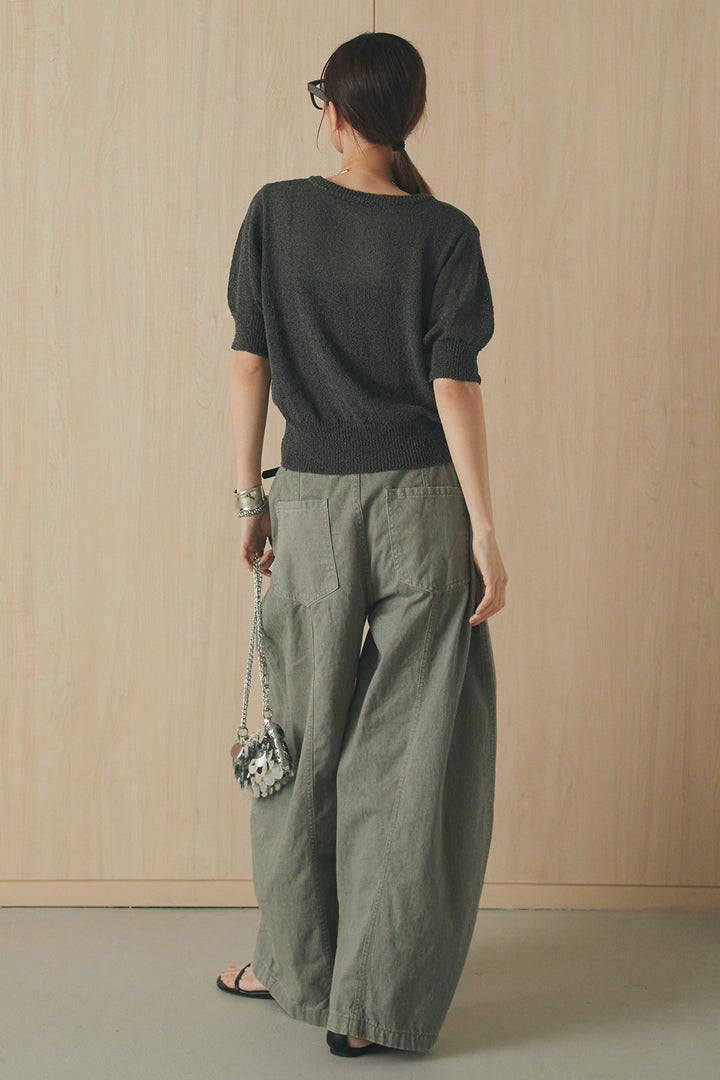 [SET]フロントテープデザイン半袖カーディガン+サイドベルトカーブワイドパンツ(2set)