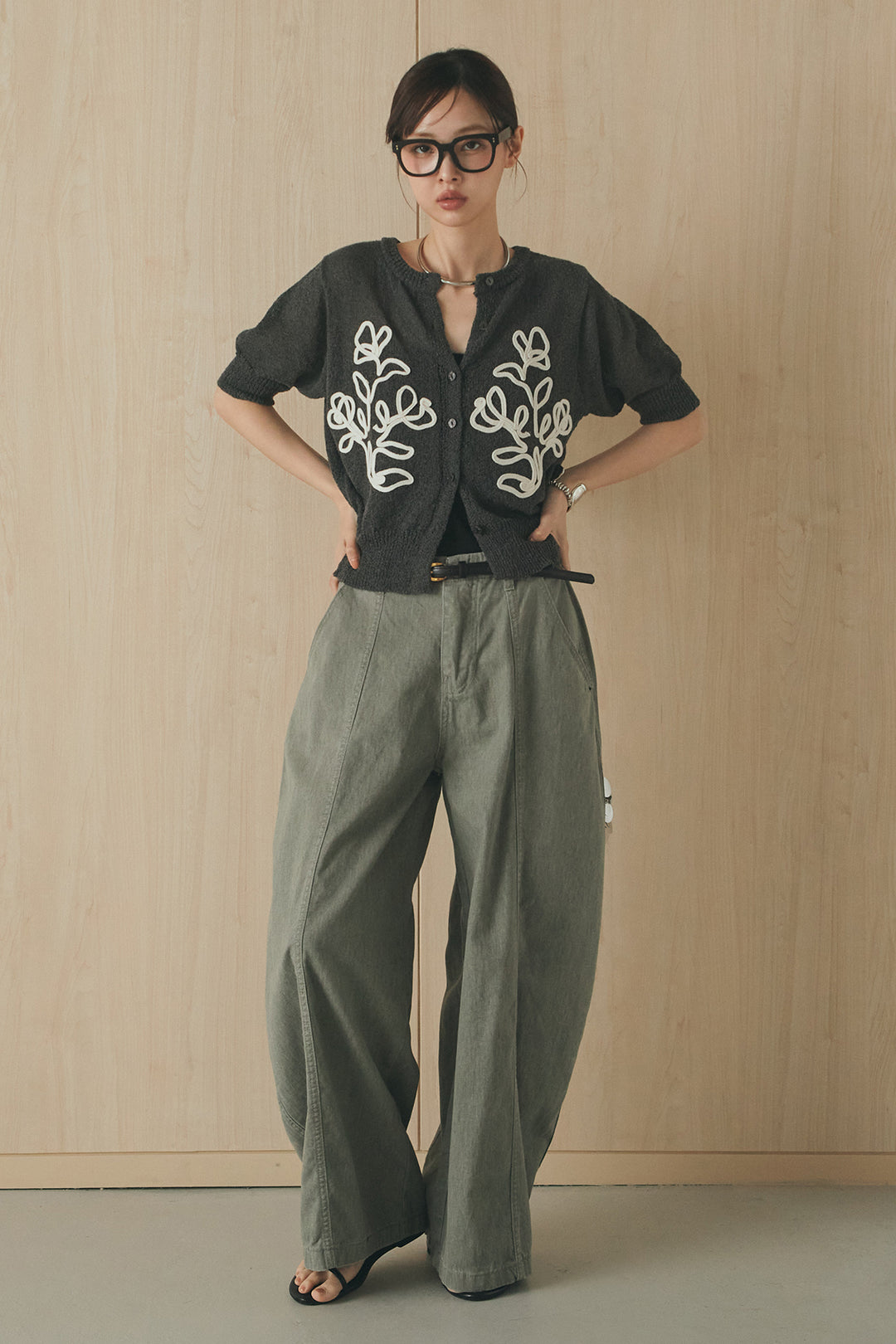 [SET]フロントテープデザイン半袖カーディガン+サイドベルトカーブワイドパンツ(2set)