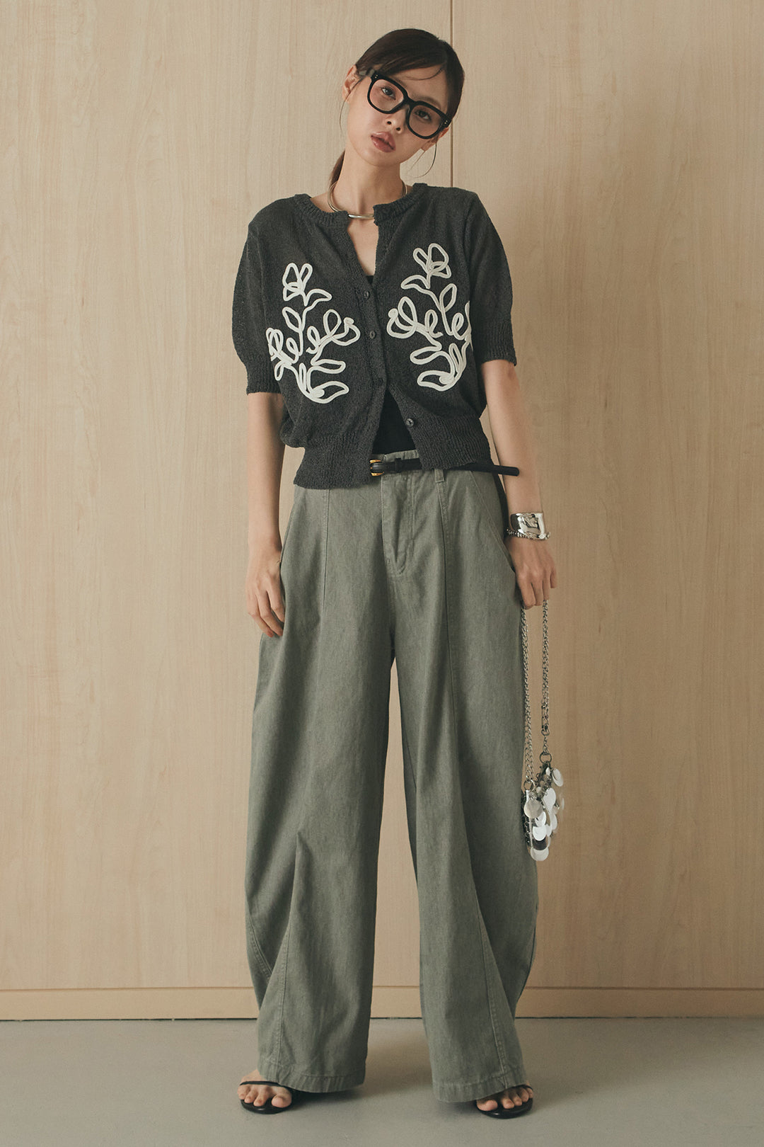 [SET]フロントテープデザイン半袖カーディガン+サイドベルトカーブワイドパンツ(2set)