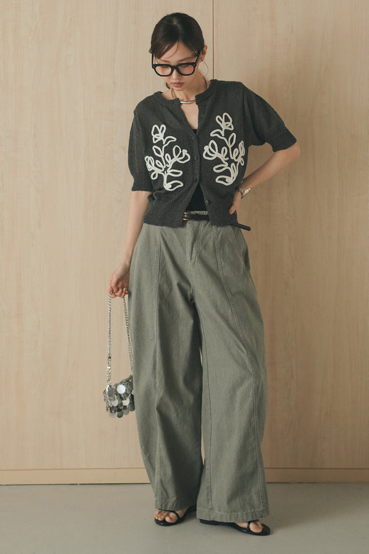 [SET]フロントテープデザイン半袖カーディガン+サイドベルトカーブワイドパンツ(2set)