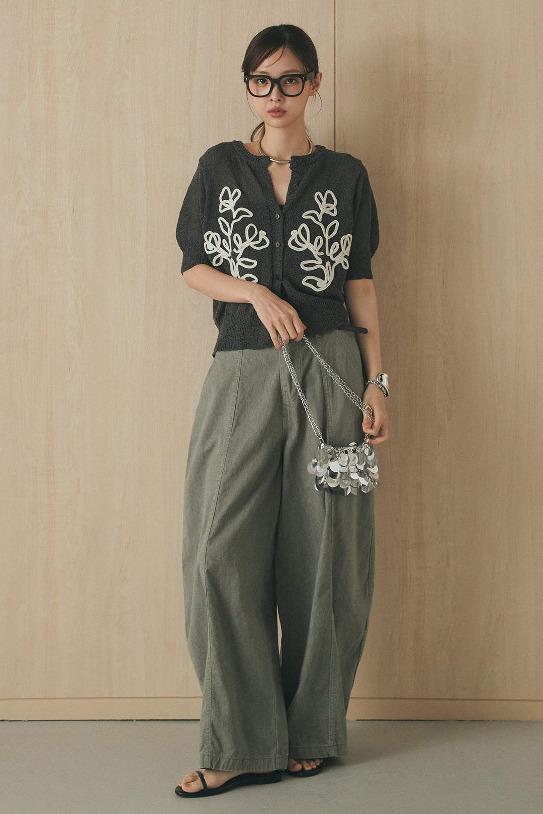 [SET]フロントテープデザイン半袖カーディガン+サイドベルトカーブワイドパンツ(2set)