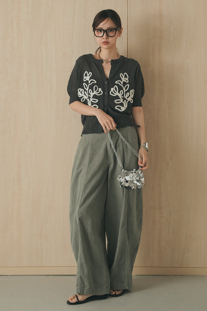 [SET]フロントテープデザイン半袖カーディガン+サイドベルトカーブワイドパンツ(2set)