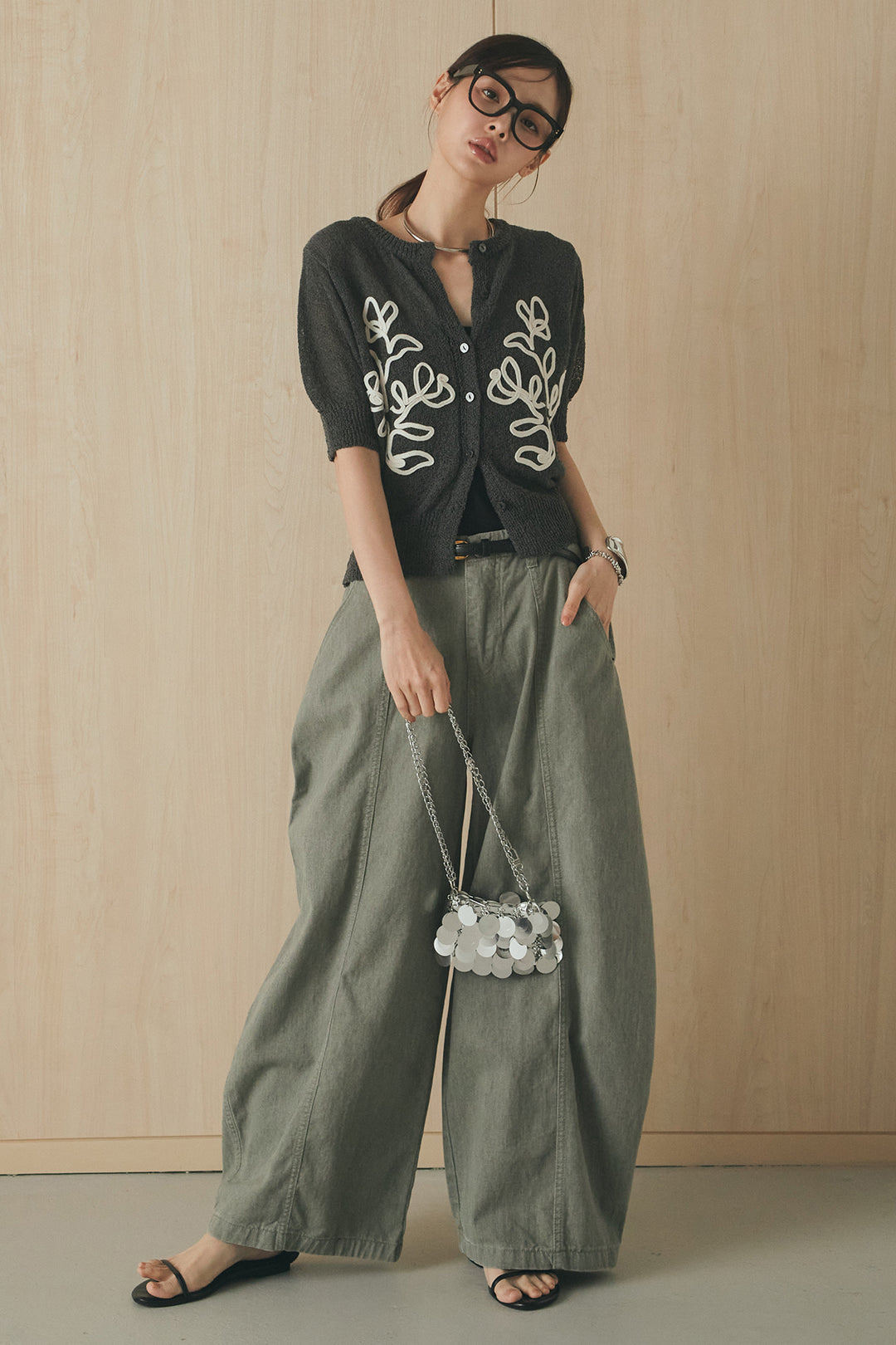 [SET]フロントテープデザイン半袖カーディガン+サイドベルトカーブワイドパンツ(2set)