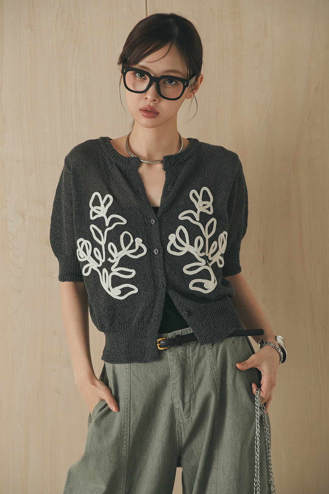 [SET]フロントテープデザイン半袖カーディガン+サイドベルトカーブワイドパンツ(2set)