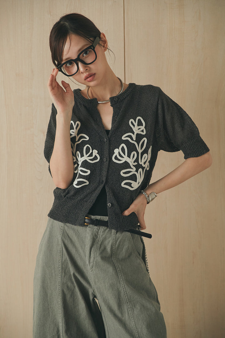 [SET]フロントテープデザイン半袖カーディガン+サイドベルトカーブワイドパンツ(2set)