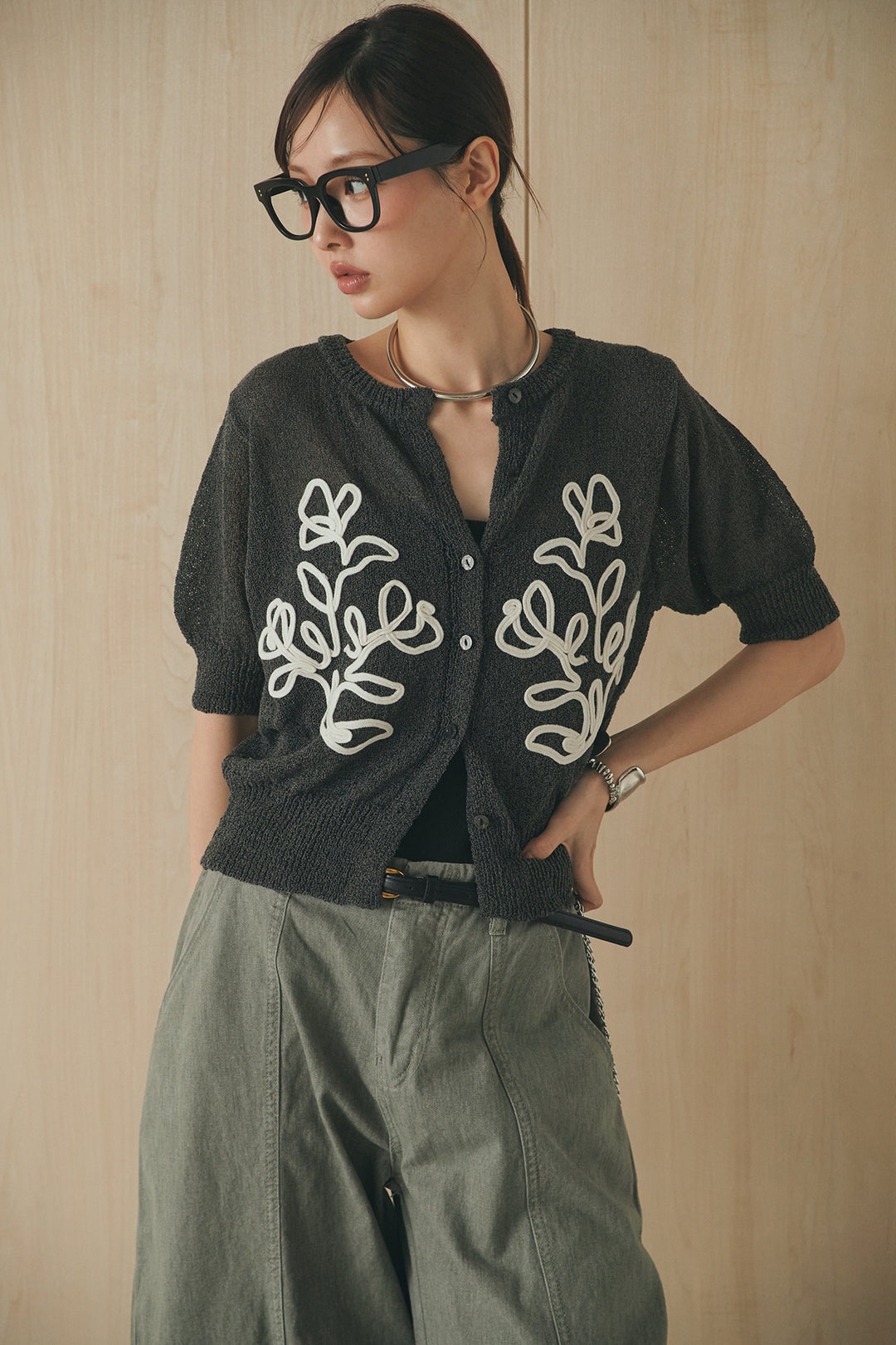 [SET]フロントテープデザイン半袖カーディガン+サイドベルトカーブワイドパンツ(2set)