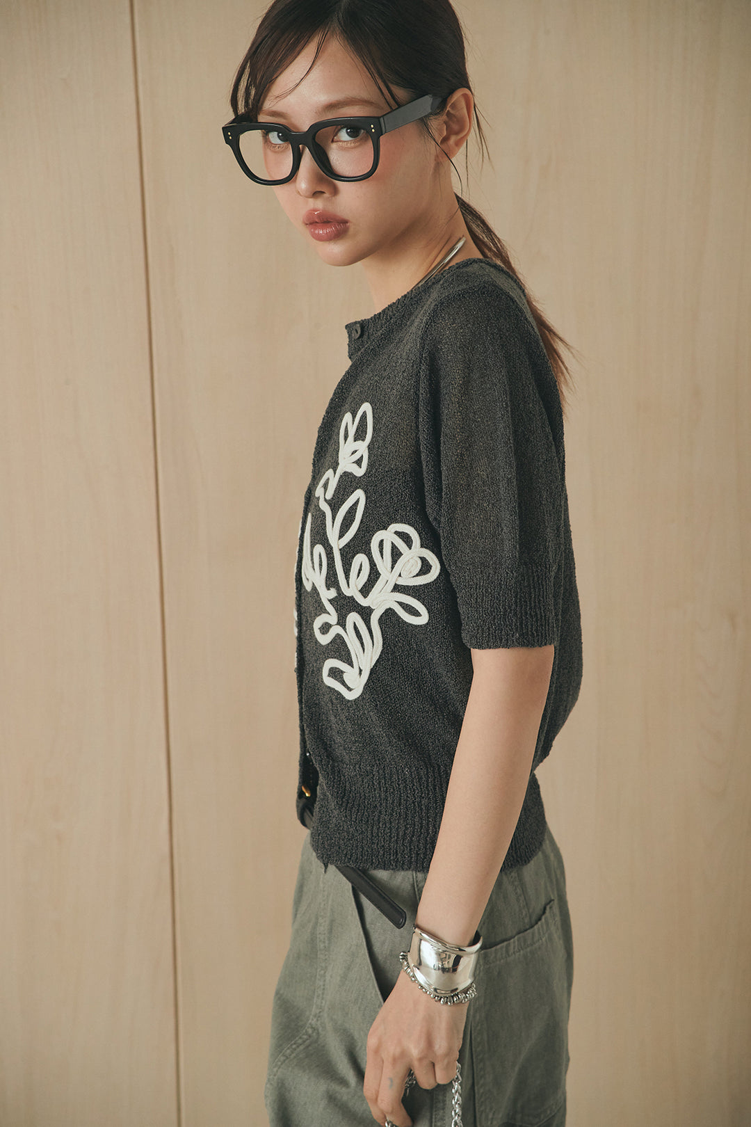 [SET]フロントテープデザイン半袖カーディガン+サイドベルトカーブワイドパンツ(2set)