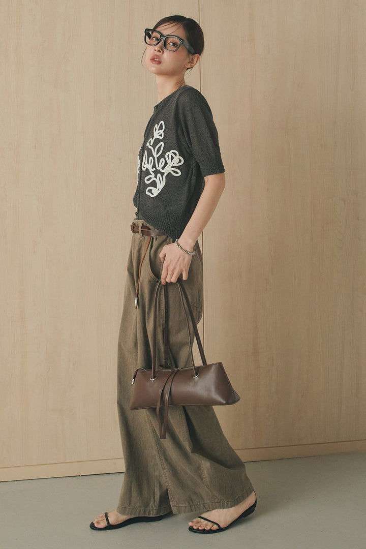 [SET]フロントテープデザイン半袖カーディガン+サイドベルトカーブワイドパンツ(2set)