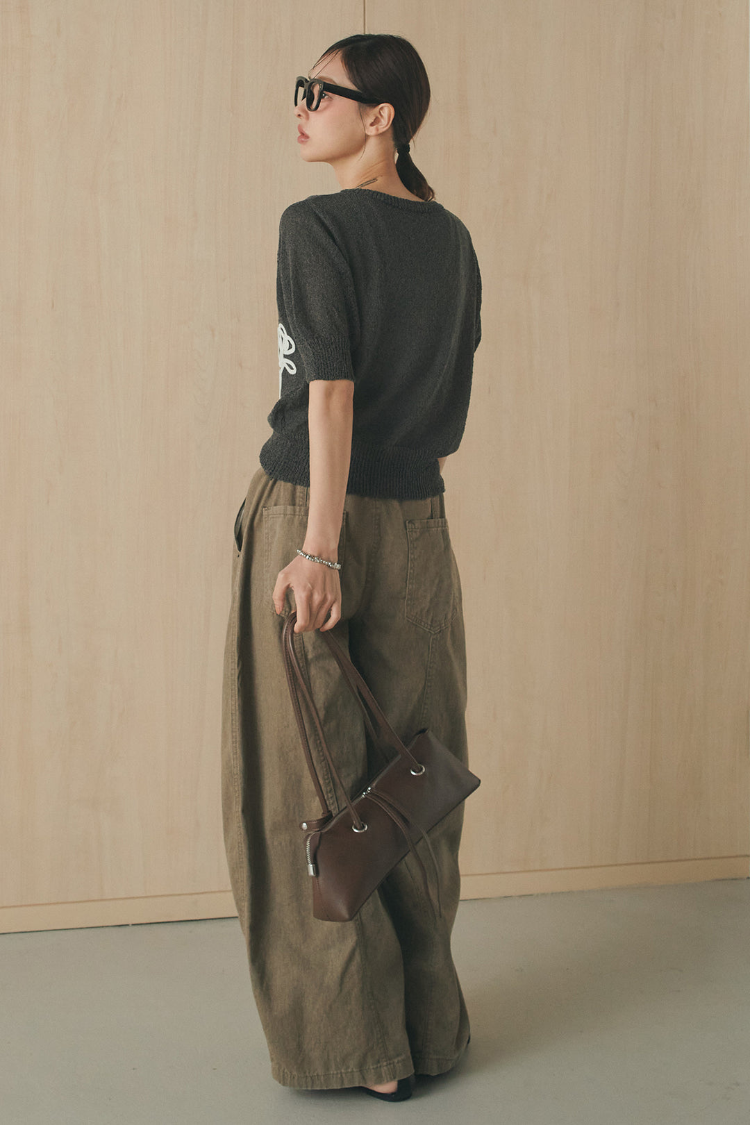 [SET]フロントテープデザイン半袖カーディガン+サイドベルトカーブワイドパンツ(2set)