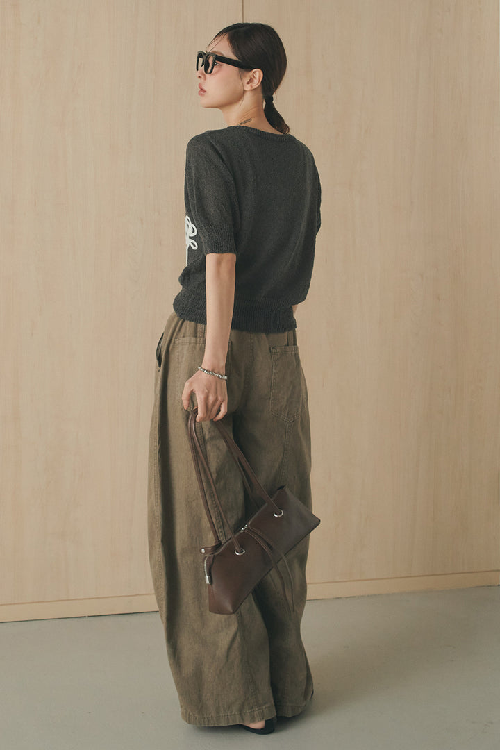 [SET]フロントテープデザイン半袖カーディガン+サイドベルトカーブワイドパンツ(2set)