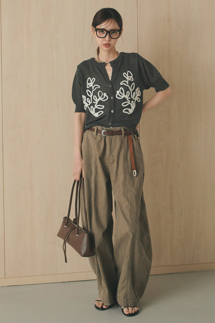 [SET]フロントテープデザイン半袖カーディガン+サイドベルトカーブワイドパンツ(2set)