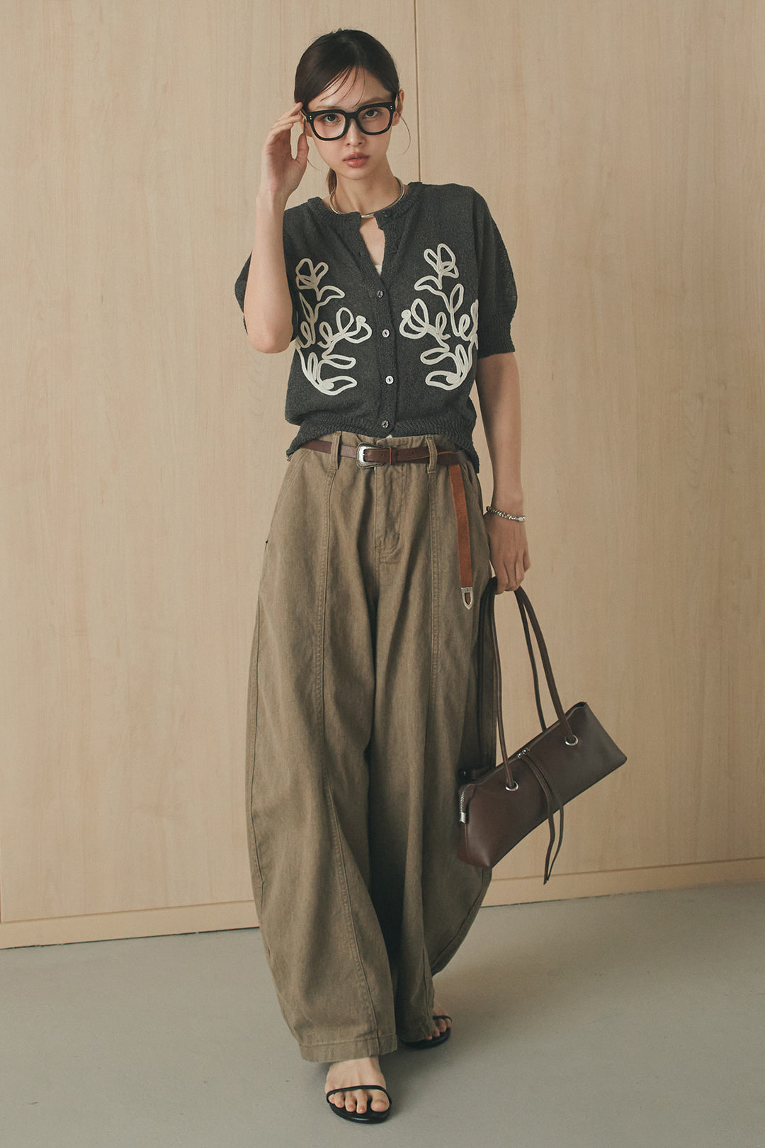 [SET]フロントテープデザイン半袖カーディガン+サイドベルトカーブワイドパンツ(2set)