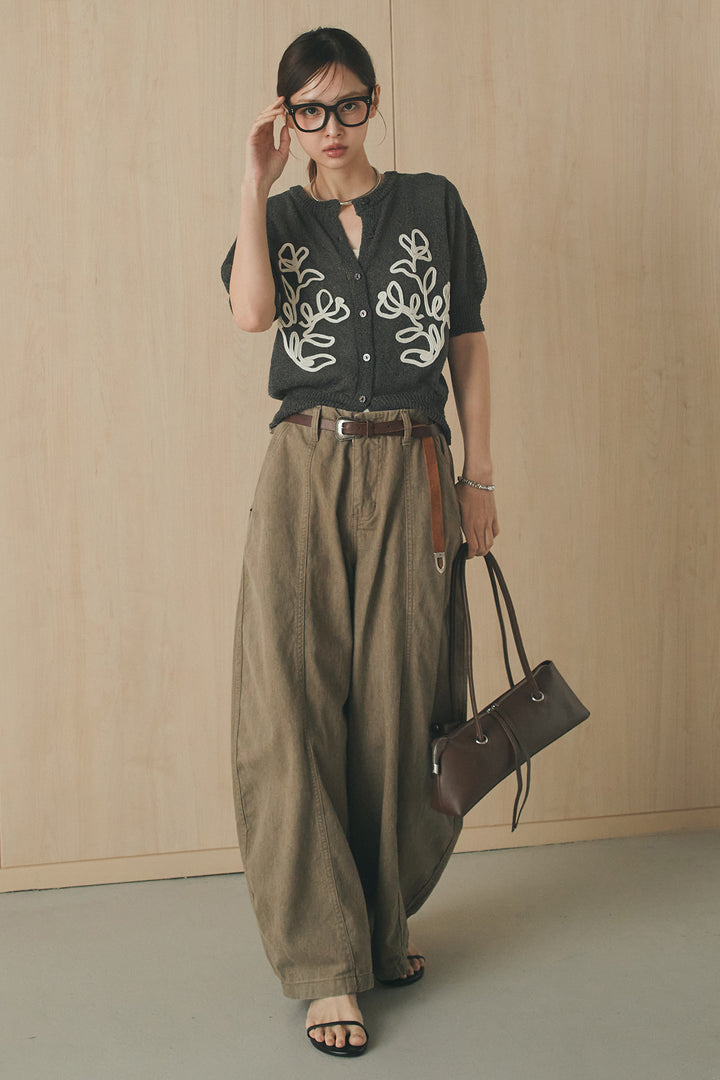 [SET]フロントテープデザイン半袖カーディガン+サイドベルトカーブワイドパンツ(2set)