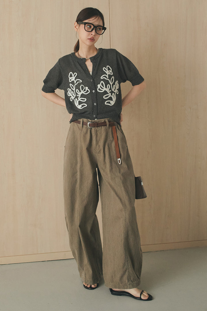[SET]フロントテープデザイン半袖カーディガン+サイドベルトカーブワイドパンツ(2set)