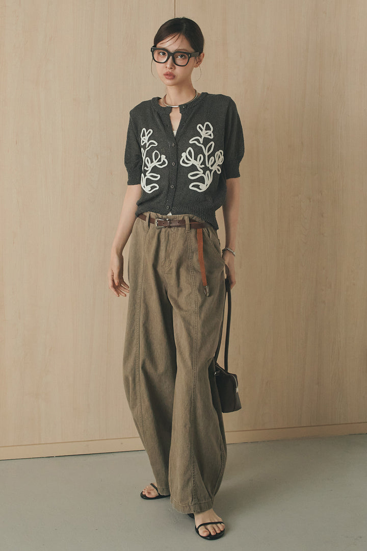 [SET]フロントテープデザイン半袖カーディガン+サイドベルトカーブワイドパンツ(2set)