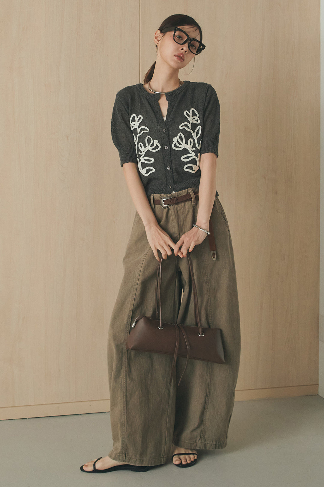 [SET]フロントテープデザイン半袖カーディガン+サイドベルトカーブワイドパンツ(2set)