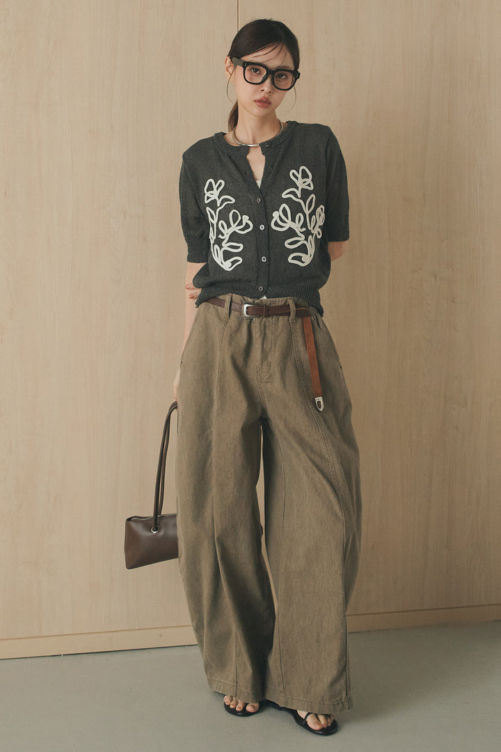 [SET]フロントテープデザイン半袖カーディガン+サイドベルトカーブワイドパンツ(2set)