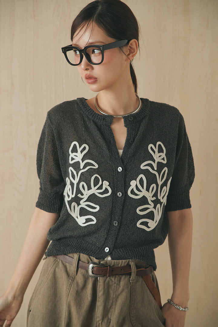 [SET]フロントテープデザイン半袖カーディガン+サイドベルトカーブワイドパンツ(2set)