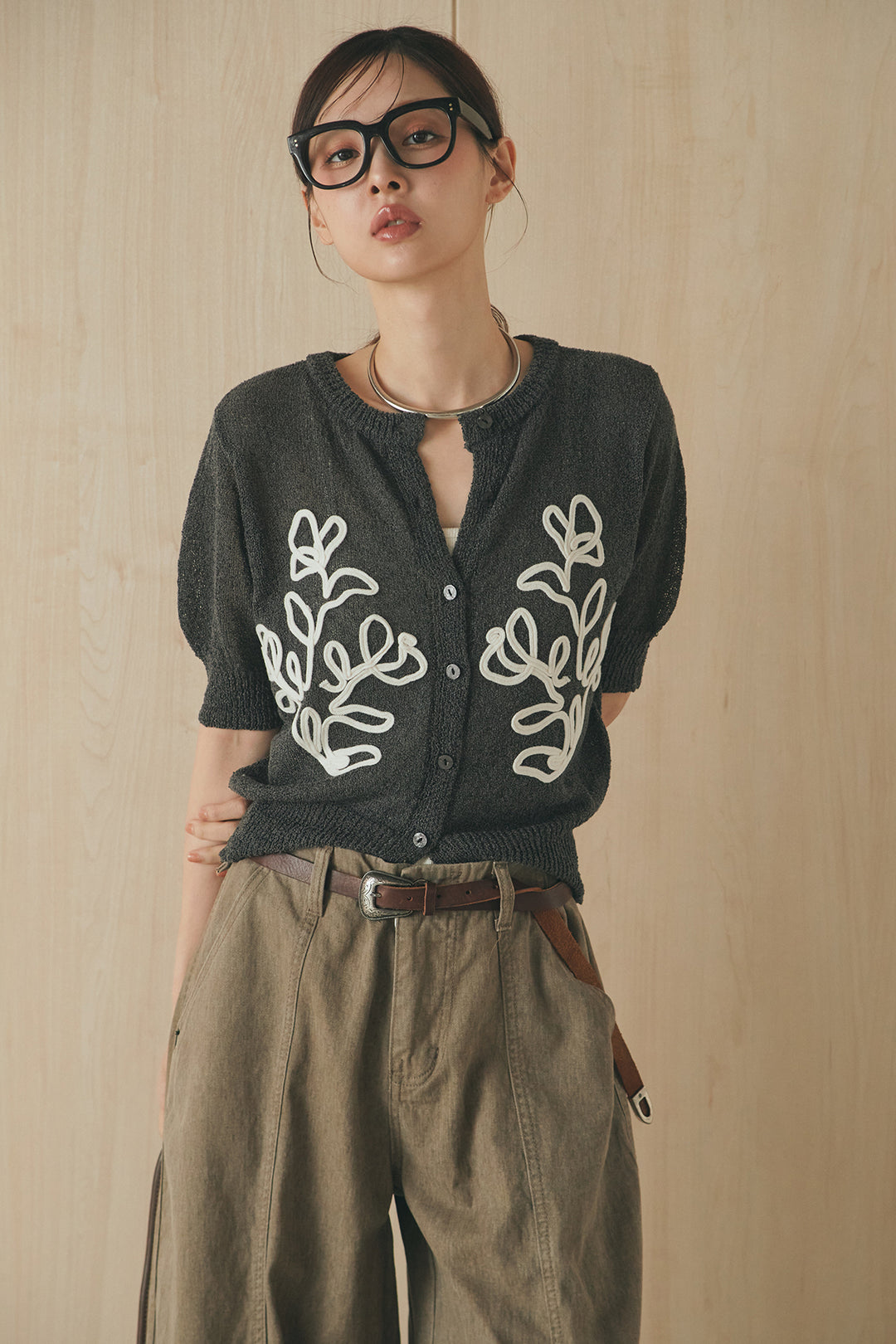 [SET]フロントテープデザイン半袖カーディガン+サイドベルトカーブワイドパンツ(2set)