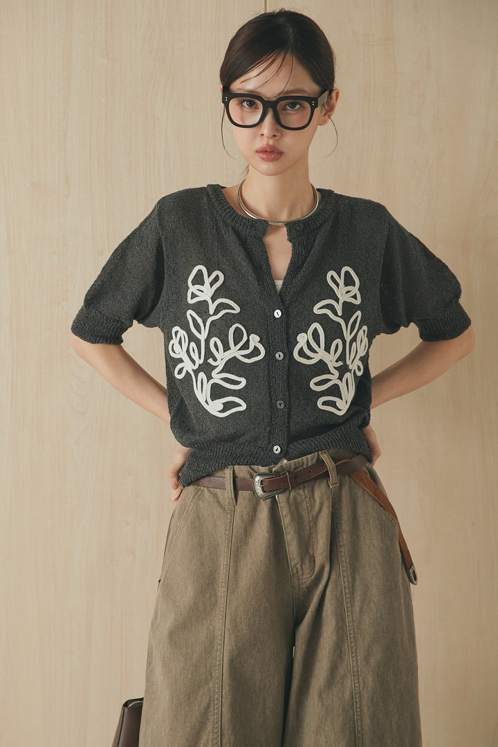 [SET]フロントテープデザイン半袖カーディガン+サイドベルトカーブワイドパンツ(2set)