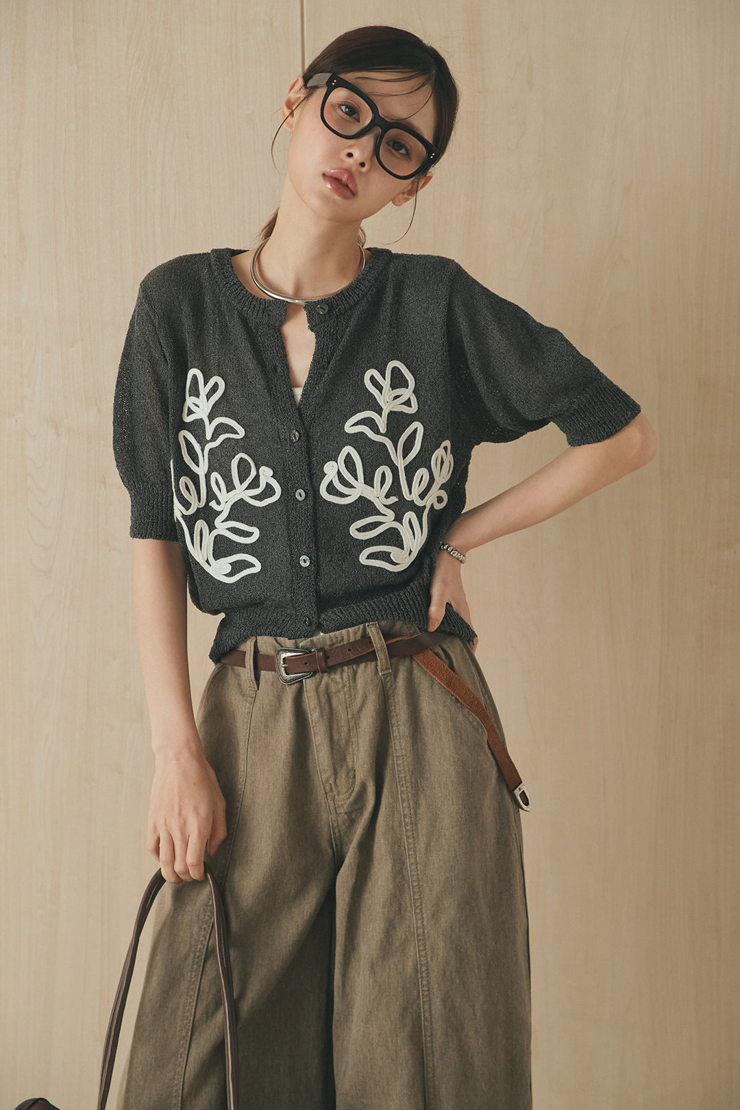 [SET]フロントテープデザイン半袖カーディガン+サイドベルトカーブワイドパンツ(2set)