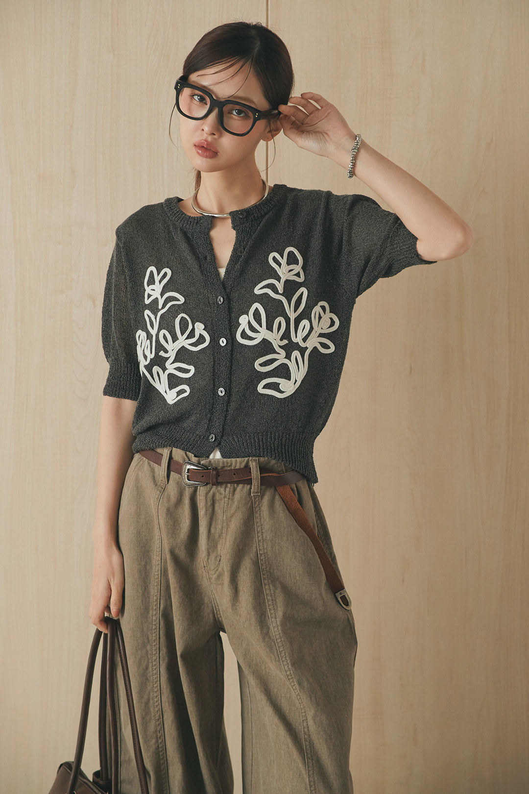 [SET]フロントテープデザイン半袖カーディガン+サイドベルトカーブワイドパンツ(2set)