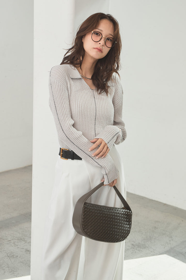 [SET]衿付きニットプルオーバー+サイドベルトタック入りスラックス(2set)