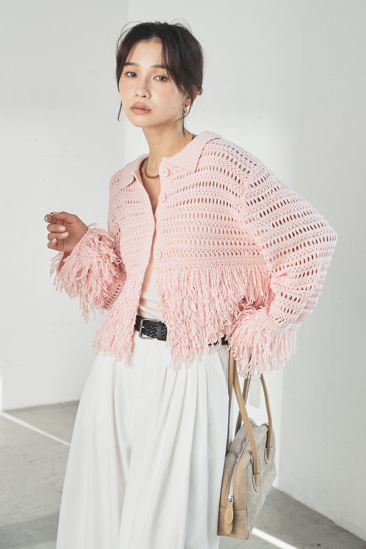 [SET]メッシュフリンジカーディガン+編みベルト付きウエストタックワイドパンツ(2set)