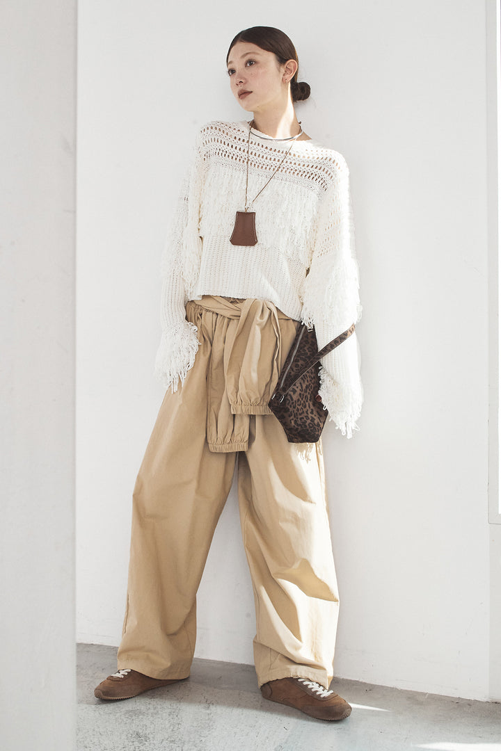 [SET]メッシュフリンジ切り替えプルオーバー+合繊ツイルスタンドウエスト巻きジョガーパンツ(2set)