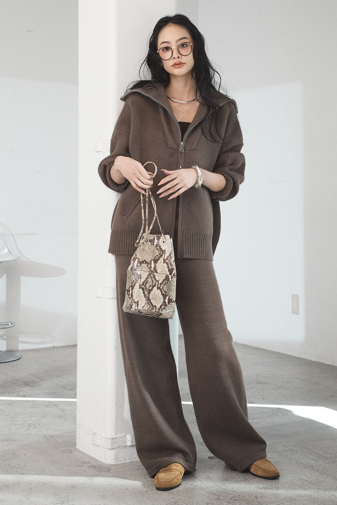 【着回しセット】[SET]ファー付きフーディーニットSETUP+ビッグカラーダブルジップニットSETUP(2set)