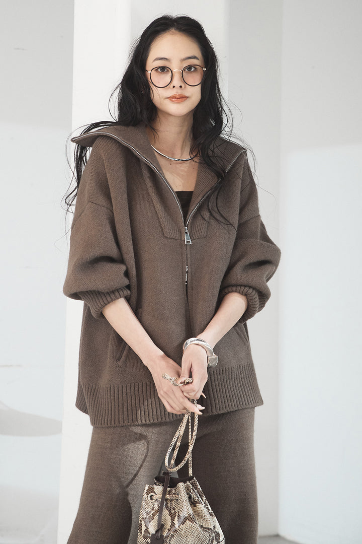 【着回しセット】[SET]ファー付きフーディーニットSETUP+ビッグカラーダブルジップニットSETUP(2set)