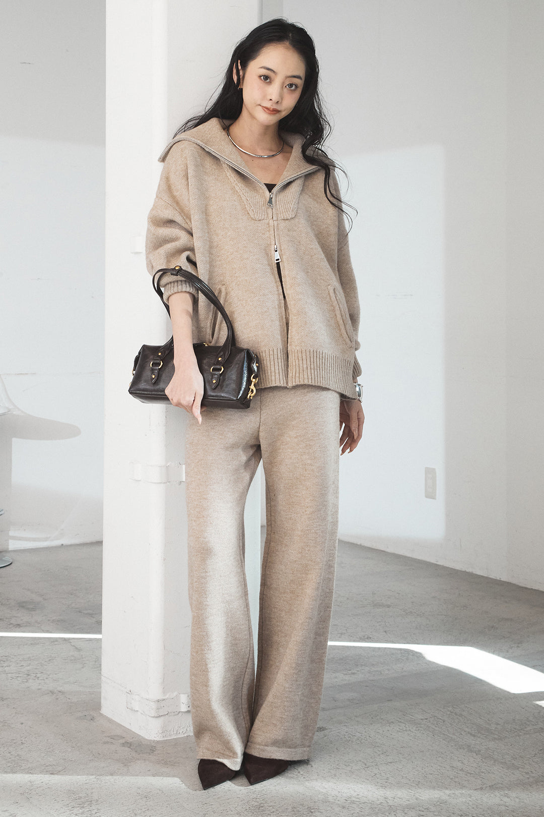 【着回しセット】[SET]ファー付きフーディーニットSETUP+ビッグカラーダブルジップニットSETUP(2set)