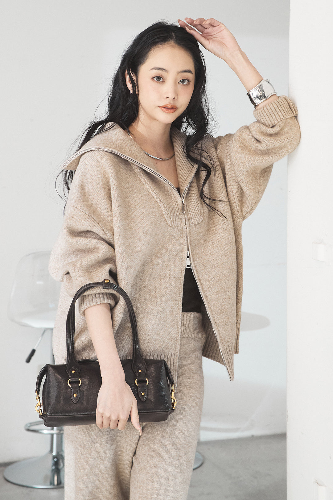 【着回しセット】[SET]ファー付きフーディーニットSETUP+ビッグカラーダブルジップニットSETUP(2set)