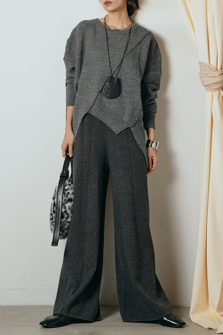 【着回しセット】[SET]アシンメトリーデザインニットトップス+センターラインニットパンツ+フラワー刺繍ワイドスカート(3set)