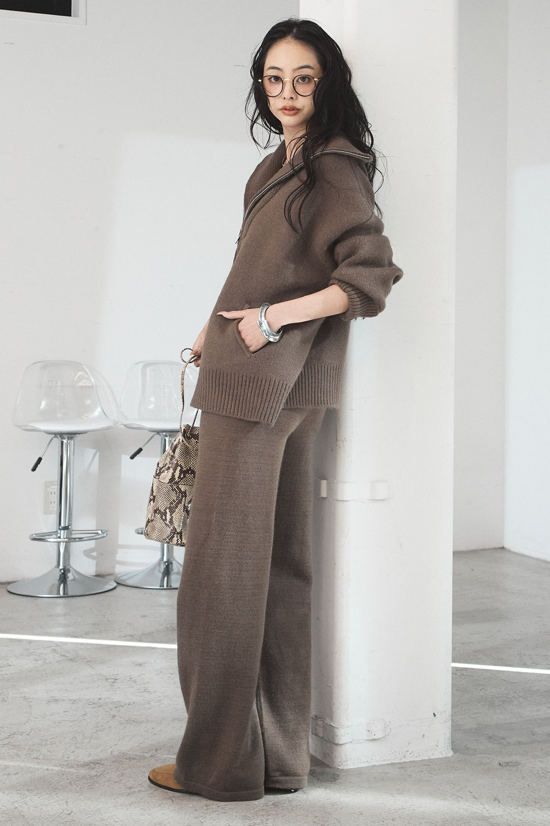 【着回しセット】[SET]ファー付きフーディーニットSETUP+ビッグカラーダブルジップニットSETUP(2set)