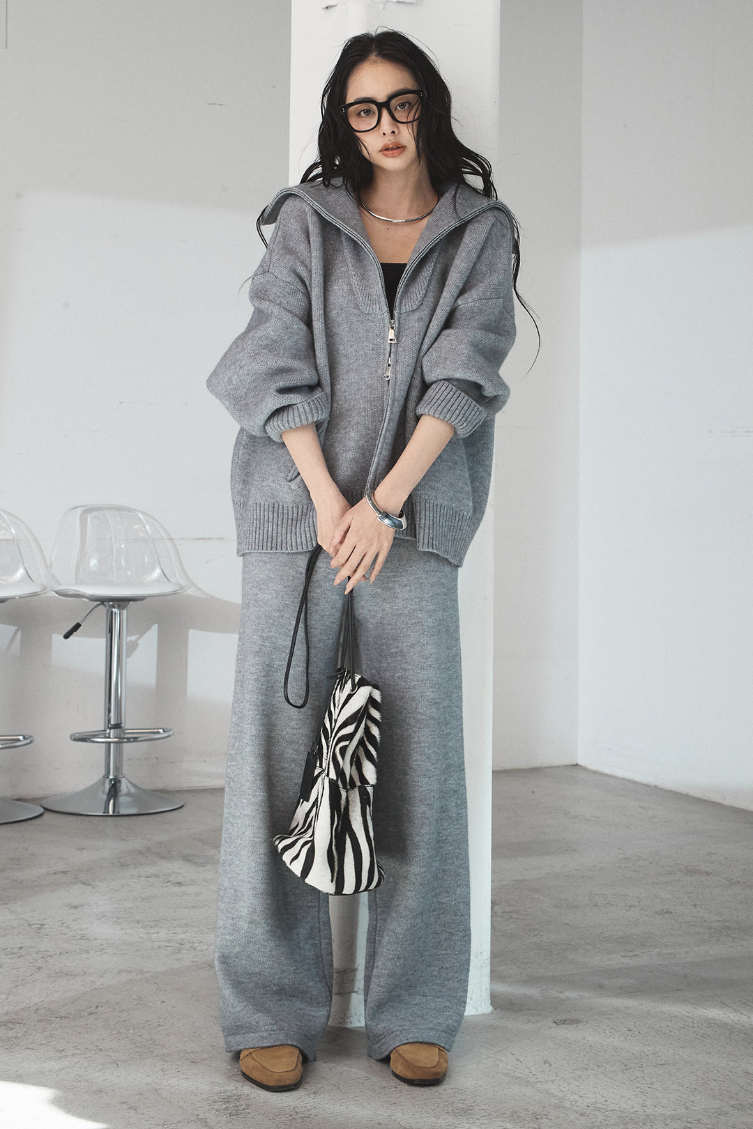 【着回しセット】[SET]ファー付きフーディーニットSETUP+ビッグカラーダブルジップニットSETUP(2set)