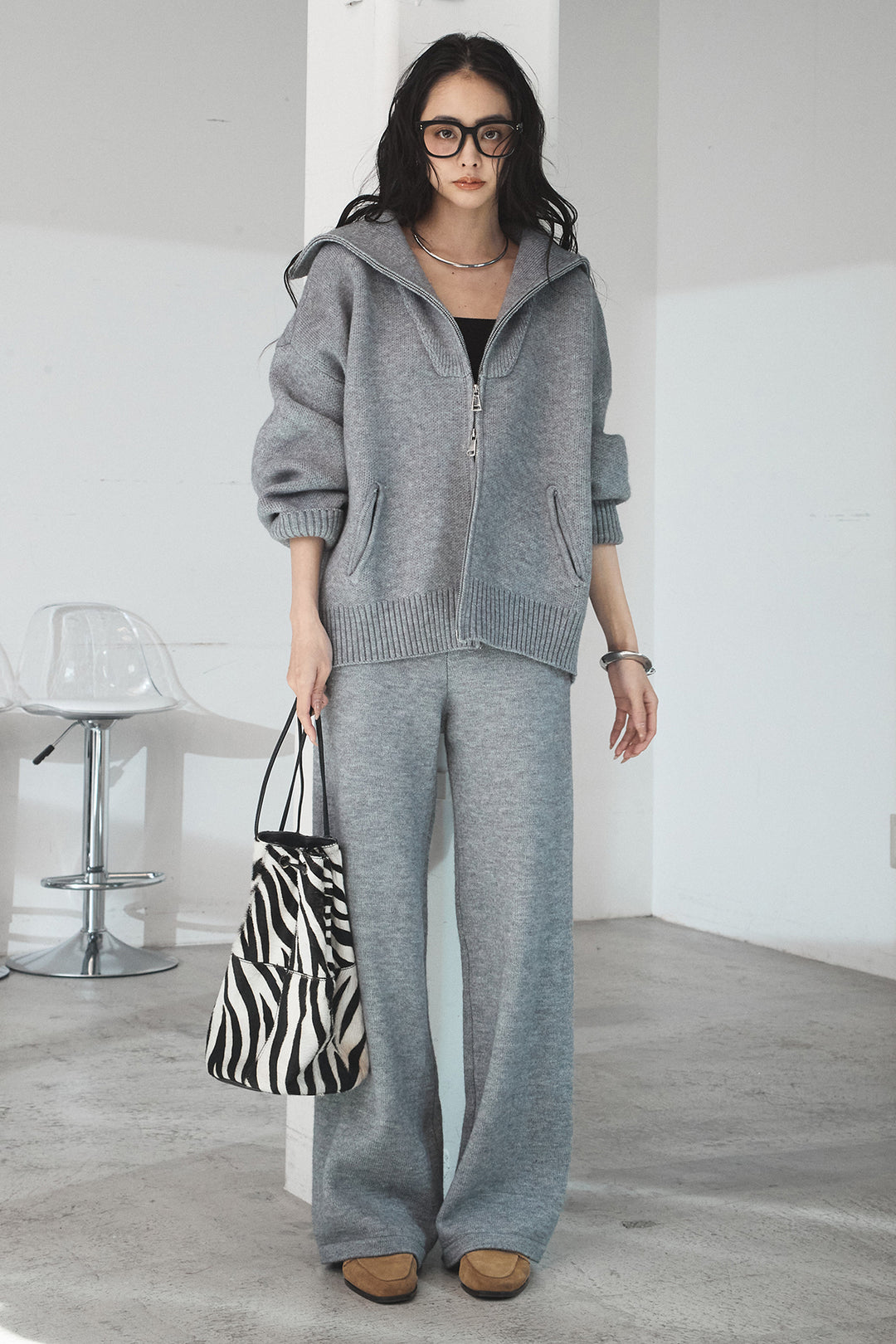 【着回しセット】[SET]ファー付きフーディーニットSETUP+ビッグカラーダブルジップニットSETUP(2set)