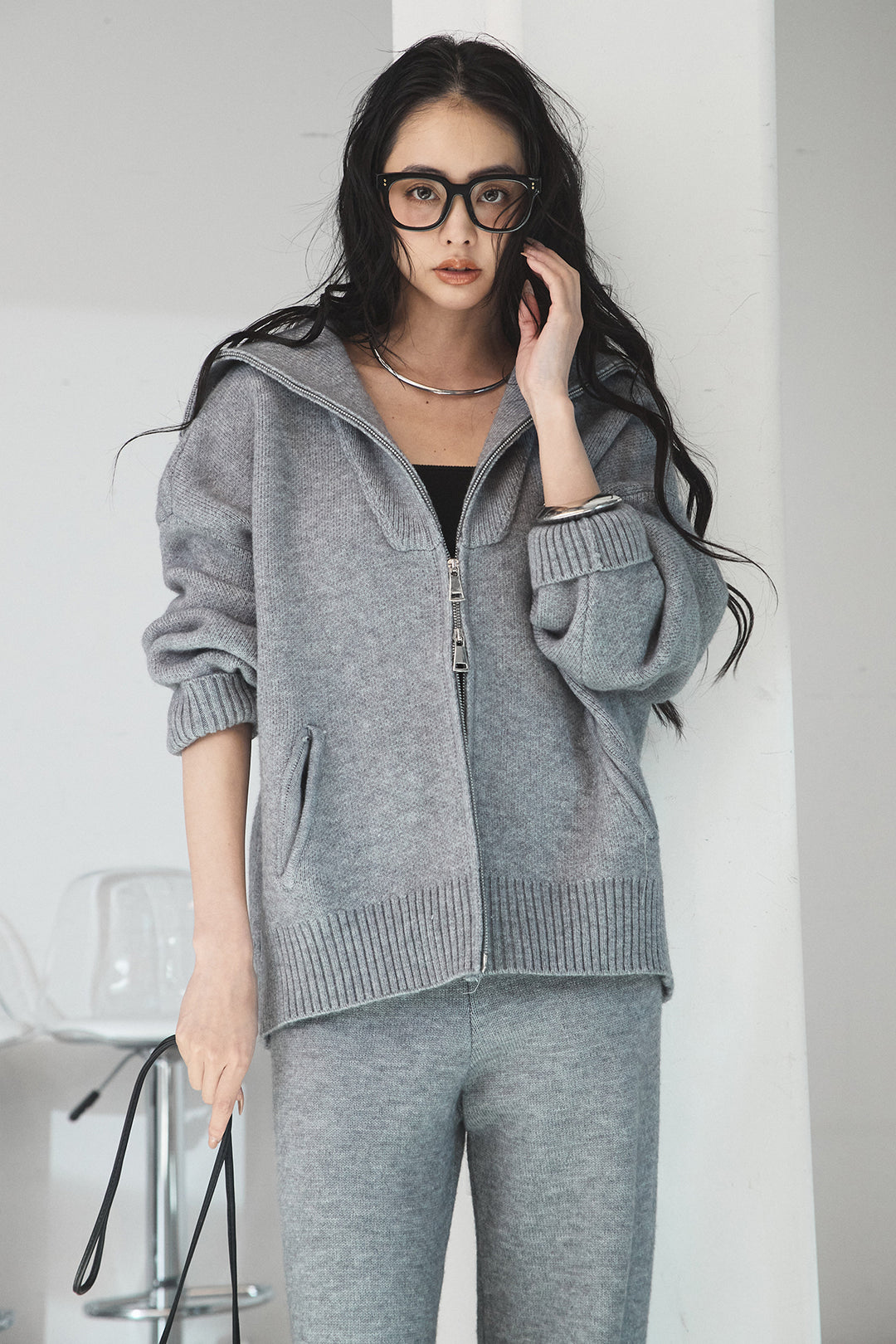 【着回しセット】[SET]ファー付きフーディーニットSETUP+ビッグカラーダブルジップニットSETUP(2set)