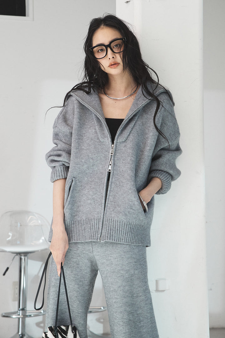 【着回しセット】[SET]ファー付きフーディーニットSETUP+ビッグカラーダブルジップニットSETUP(2set)