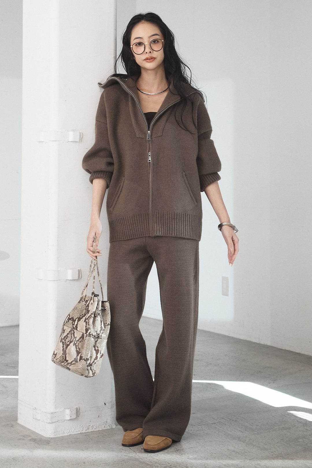 【着回しセット】[SET]ファー付きフーディーニットSETUP+ビッグカラーダブルジップニットSETUP(2set)