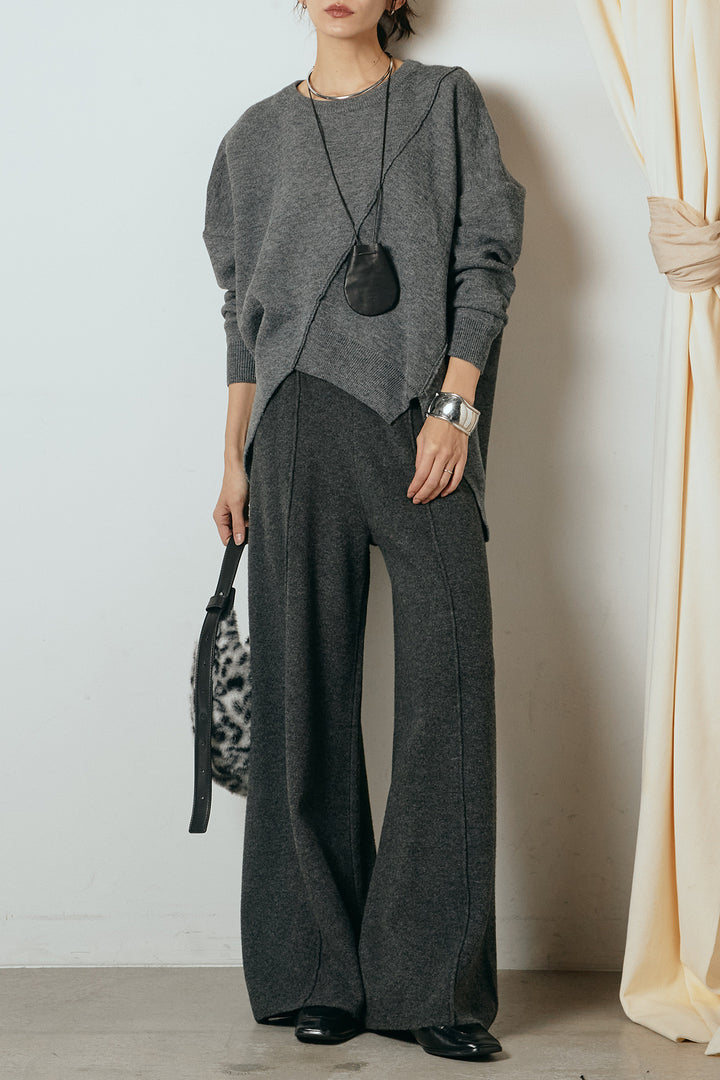 【着回しセット】[SET]アシンメトリーデザインニットトップス+センターラインニットパンツ+フラワー刺繍ワイドスカート(3set)