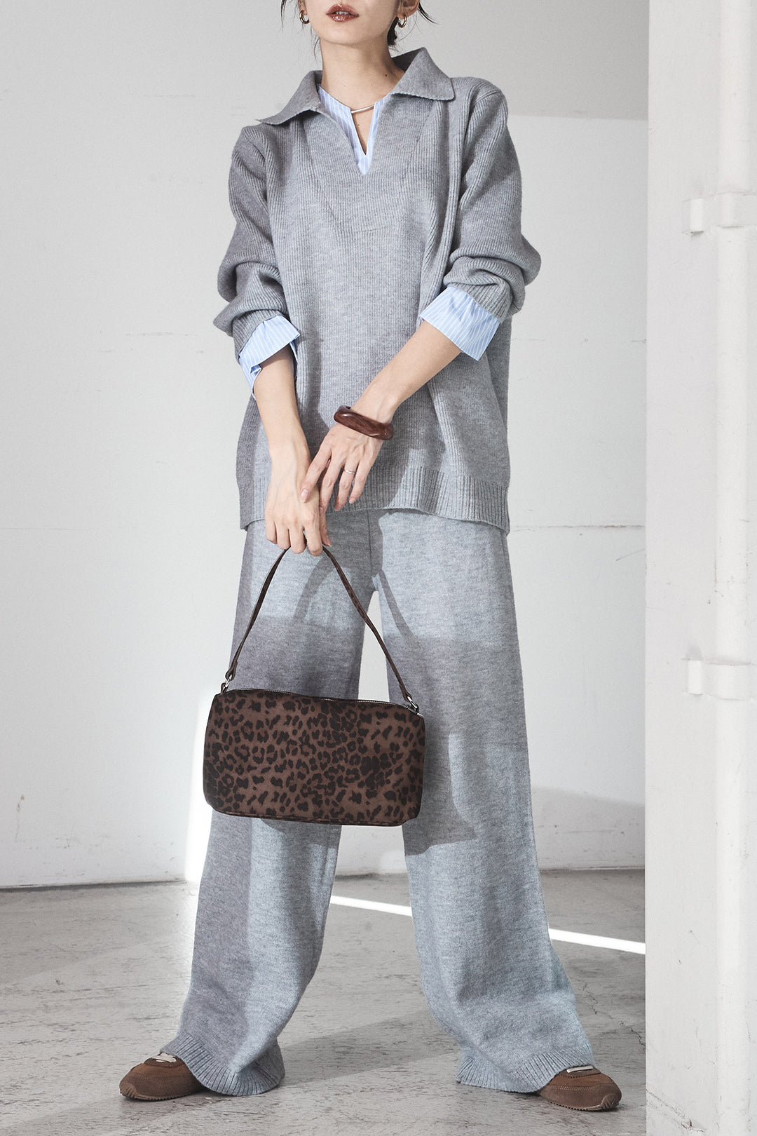 【着回しセット】[SET]ファー付きフーディーニットSETUP+ストライプドッキングニットポロSETUP(2set)