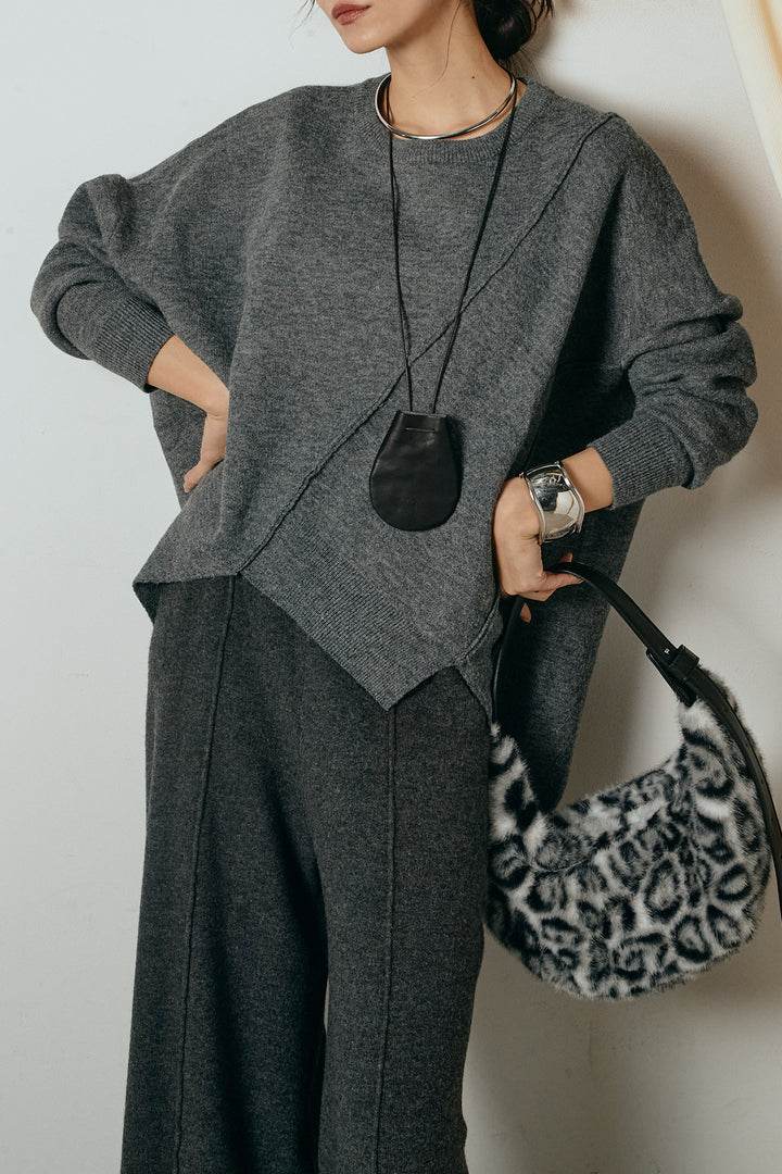 【着回しセット】[SET]アシンメトリーデザインニットトップス+センターラインニットパンツ+フラワー刺繍ワイドスカート(3set)