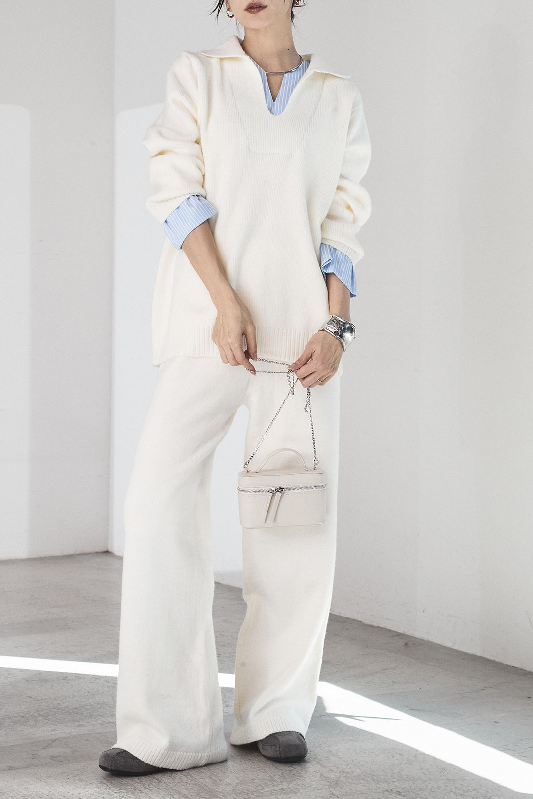 【着回しセット】[SET]ファー付きフーディーニットSETUP+ストライプドッキングニットポロSETUP(2set)