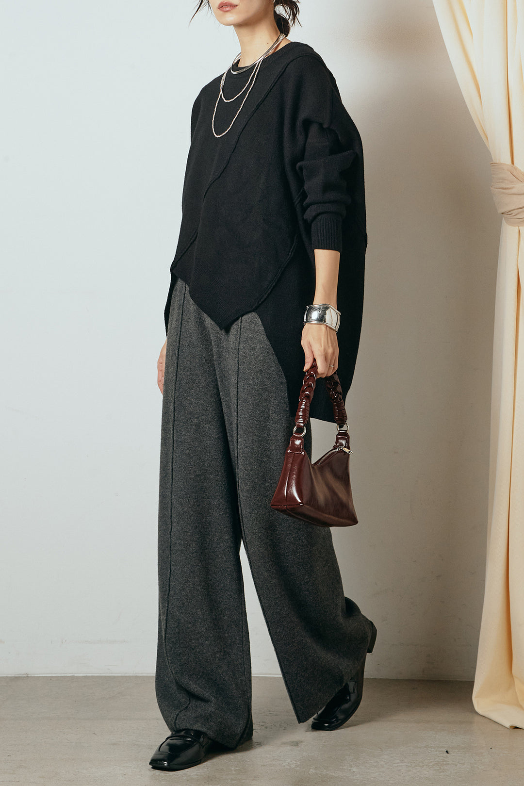 【着回しセット】[SET]アシンメトリーデザインニットトップス+センターラインニットパンツ+フラワー刺繍ワイドスカート(3set)